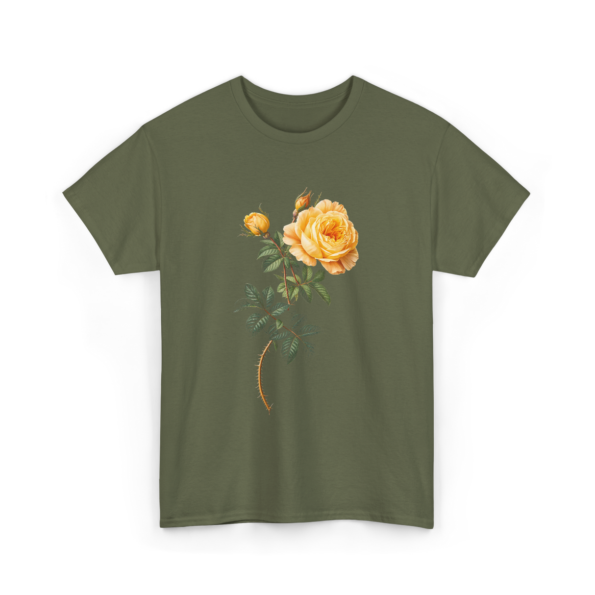 Yellow Rose Botanical Art Floral T-Shirt - Military Green