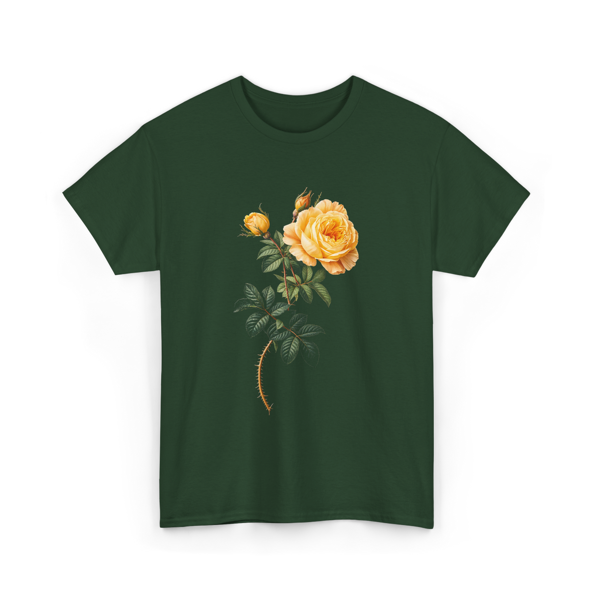 Yellow Rose Botanical Art Floral T-Shirt - Forest Green