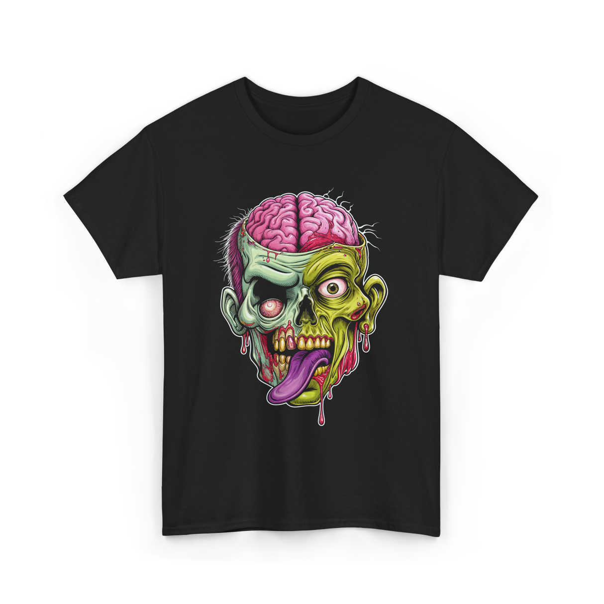 Zombie Brain Illustration Halloween T-Shirt - Black