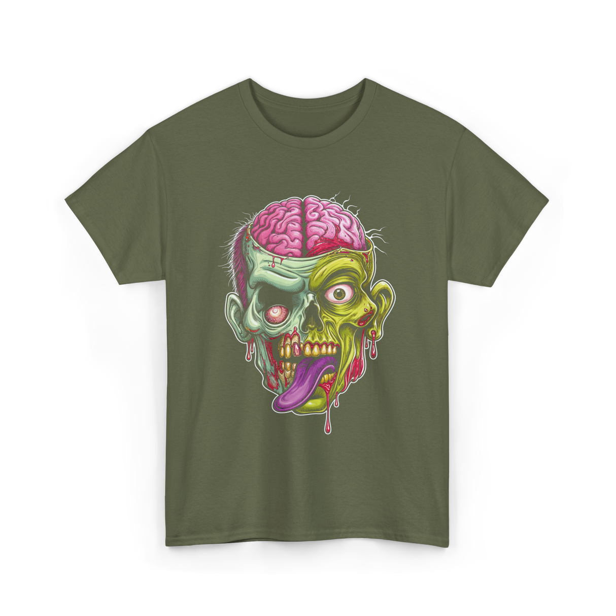 Zombie Brain Illustration Halloween T-Shirt - Military Green