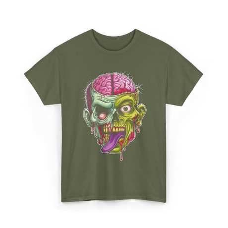 Zombie Brain Illustration Halloween T-Shirt - Military Green