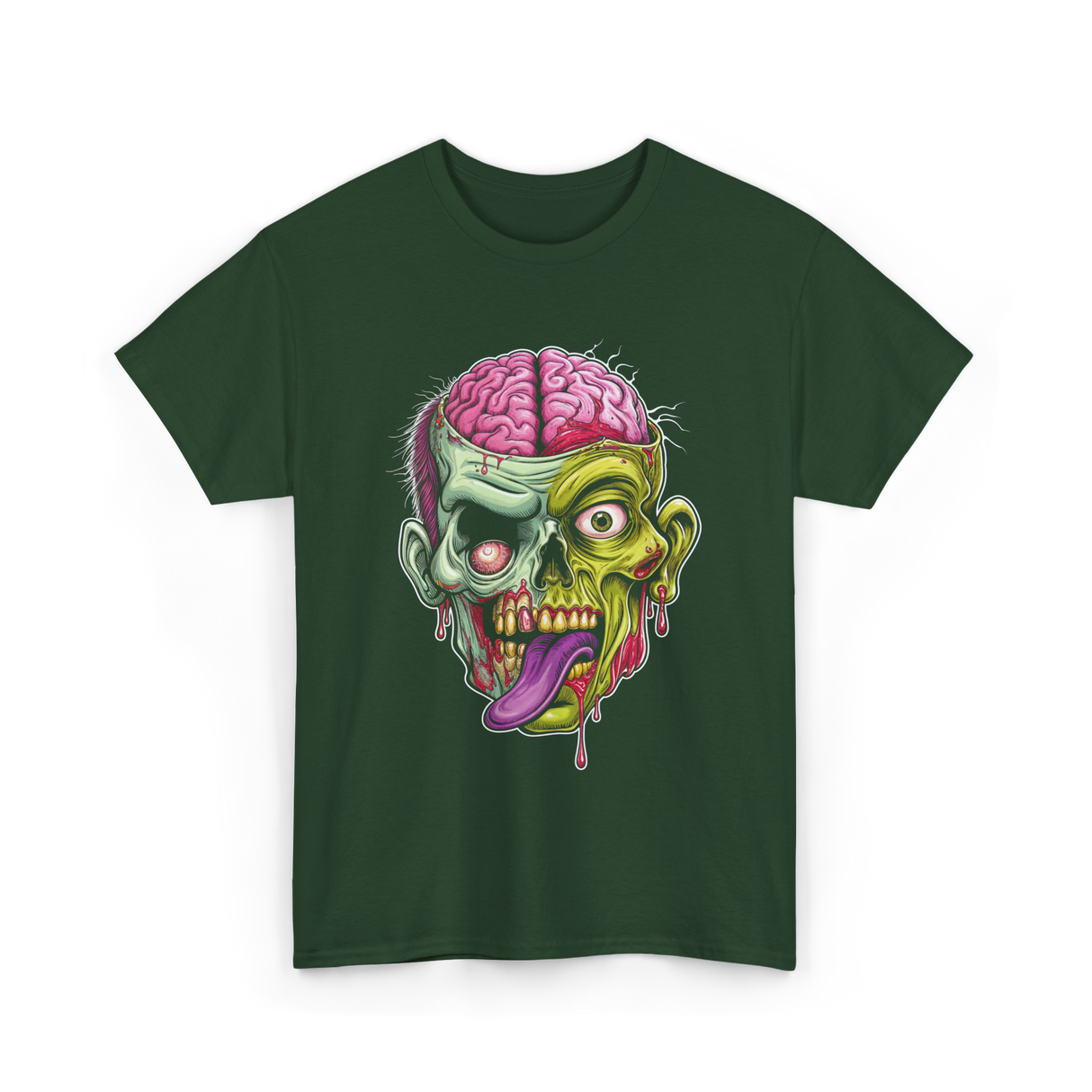 Zombie Brain Illustration Halloween T-Shirt - Forest Green