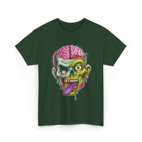 Zombie Brain Illustration Halloween T-Shirt - Forest Green