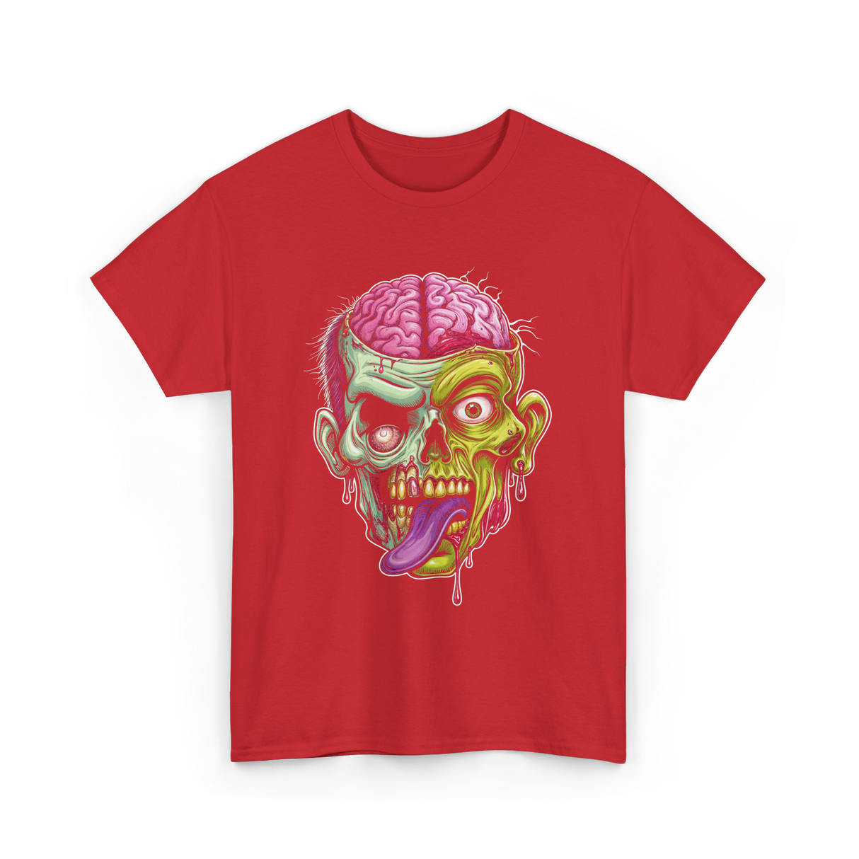 Zombie Brain Illustration Halloween T-Shirt - Red