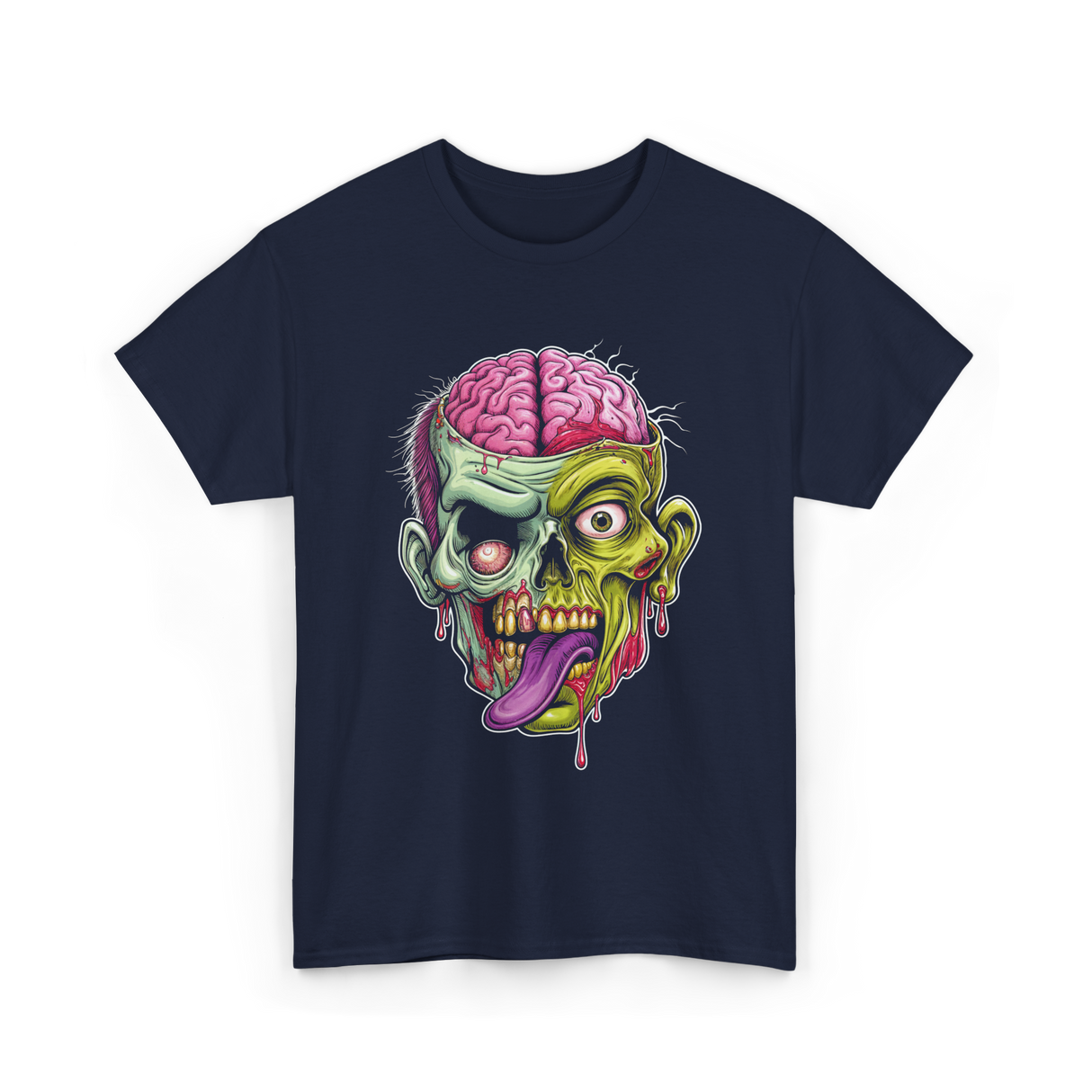 Zombie Brain Illustration Halloween T-Shirt - Navy