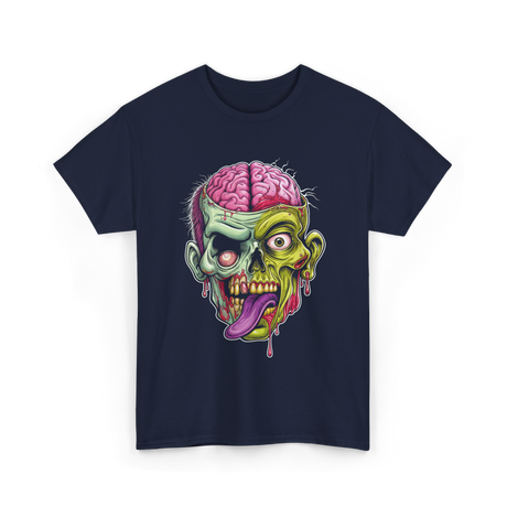 Zombie Brain Illustration Halloween T-Shirt - Navy