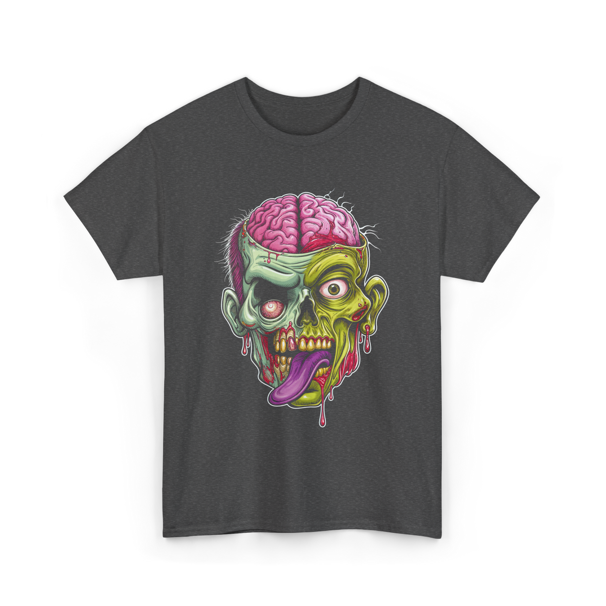 Zombie Brain Illustration Halloween T-Shirt - Dark Heather