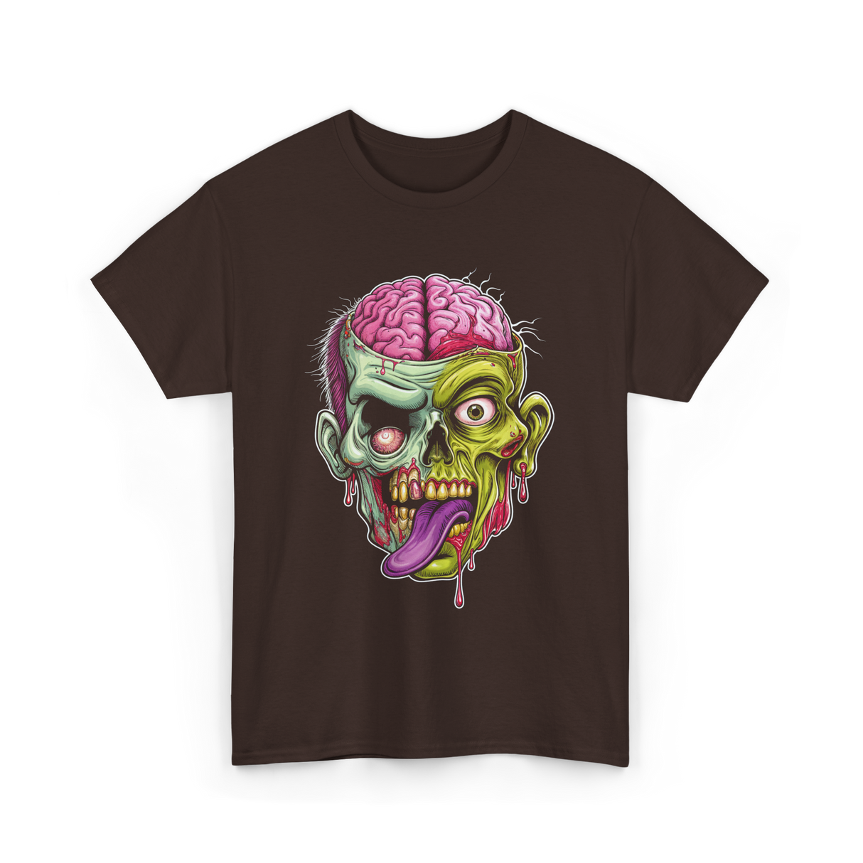 Zombie Brain Illustration Halloween T-Shirt - Dark Chocolate